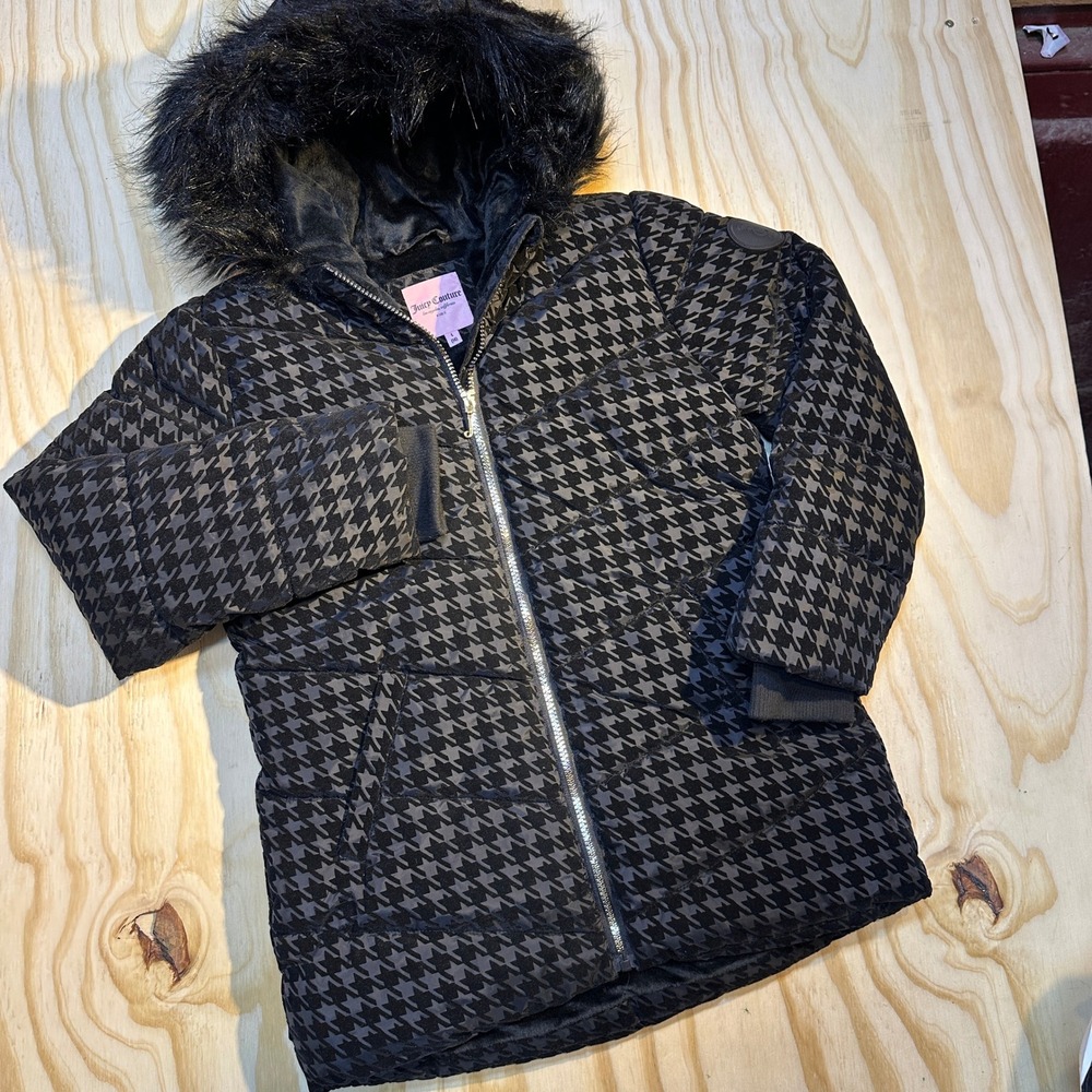 Juicy Couture Girls L 14 Black Houndstooth Faux Fur Hood Puffer Jacket Coat